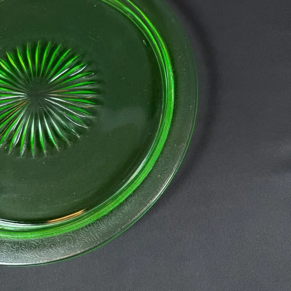 Vintage Uranium Glass Plates 13 inch Green Depression Glass UV Glow